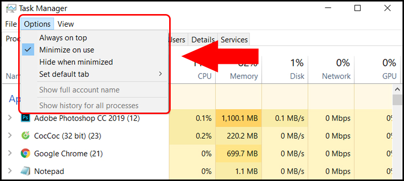 Tùy chọn Options trong chế độ xem chi tiết của Task Manager